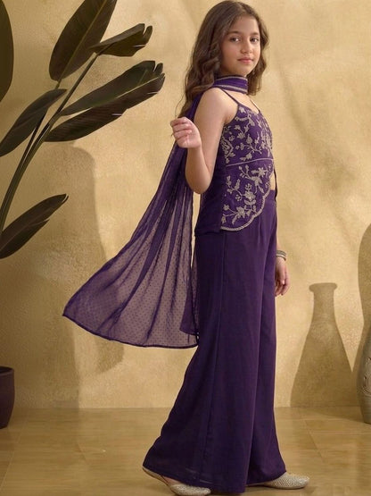 Girls Ethnic Motifs Embroidered Regular Thread Work Silk Georgette Top with Palazzos & With Dupatta