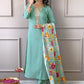 Floral Yoke Design Round Neck Sequinned Straight Kurta with Trousers & With Dupatta