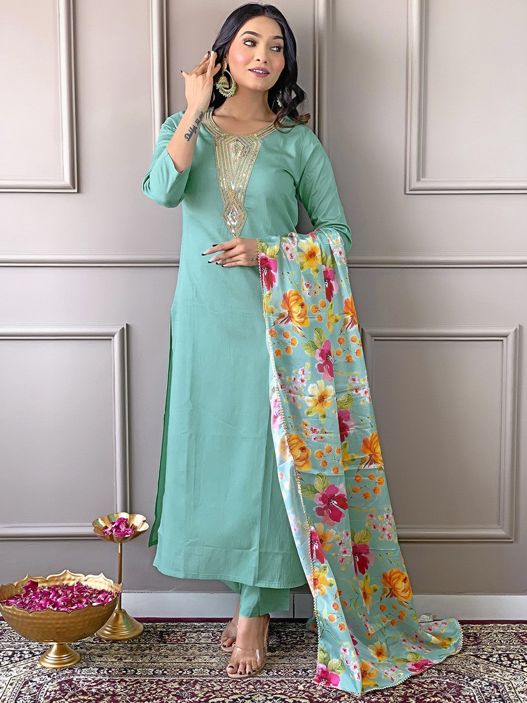 Floral Yoke Design Round Neck Sequinned Straight Kurta with Trousers & With Dupatta