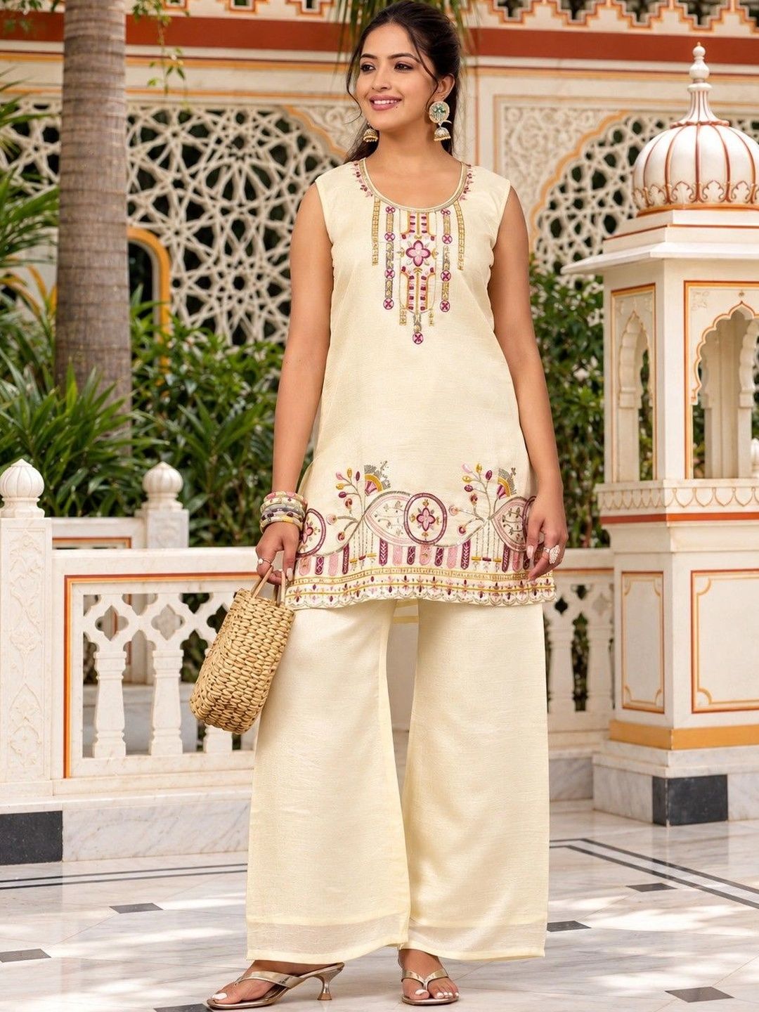 Women Ethnic Motifs Embroidered Regular Thread Work Kurti with Palazzos