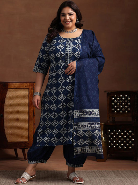 Plus Size Ethnic Motif Printed Pure Cotton Kurta with Salwar & Dupatta