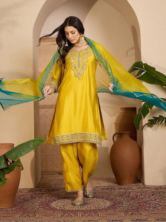 Women Embroidered Round Neck Kurta Trousers & Dupatta