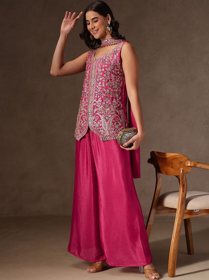 Women Ethnic Motifs Embroidered Regular Thread Work Silk Chiffon Kurta with Palazzos & With Dupatta