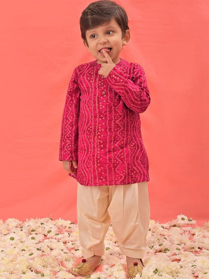 Boys Pink Bandhani Kurta & Patiyala Set