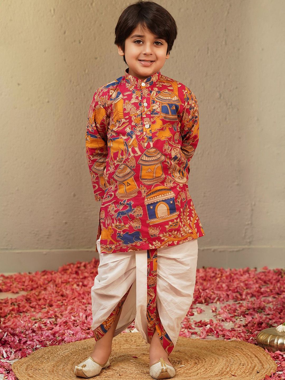 Boys Pink Ethnic Motifs Printed Pure Cotton Kurta With Dhoti Pants Set