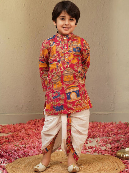 Boys Pink Ethnic Motifs Printed Pure Cotton Kurta With Dhoti Pants Set