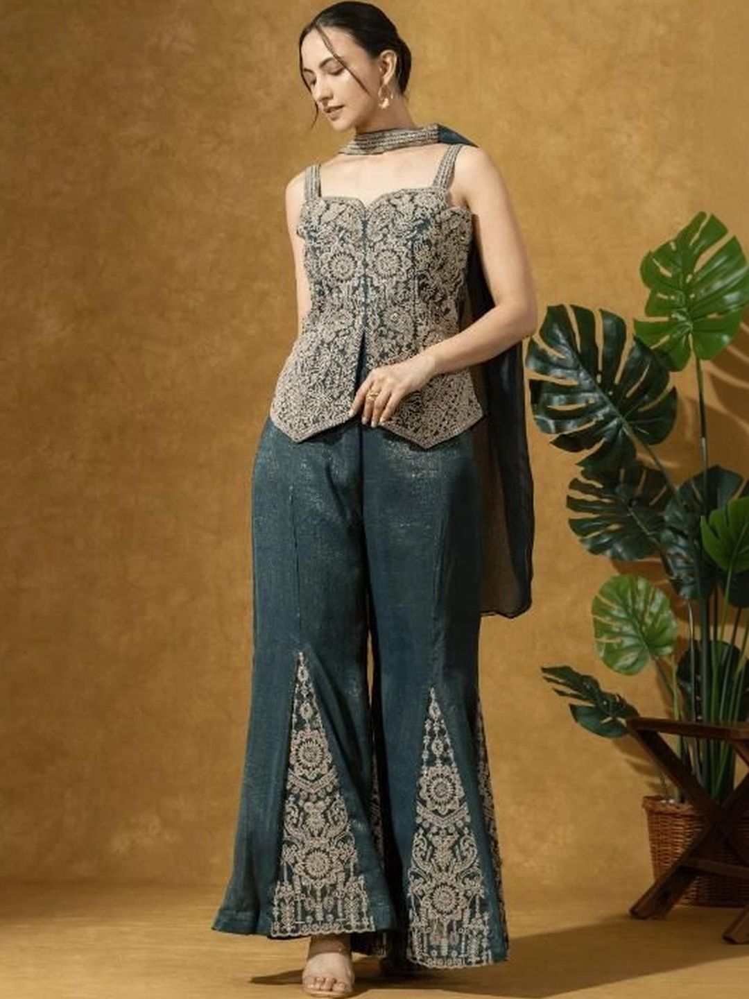 Women Embroidered Top with Palazzos & Jacket