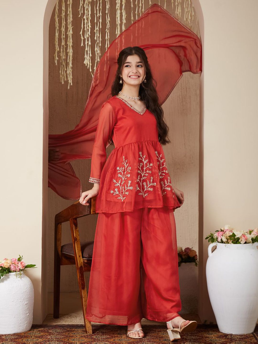 Girls Organza Embroidered Short Kurta and Palazzo Set With Dupatta