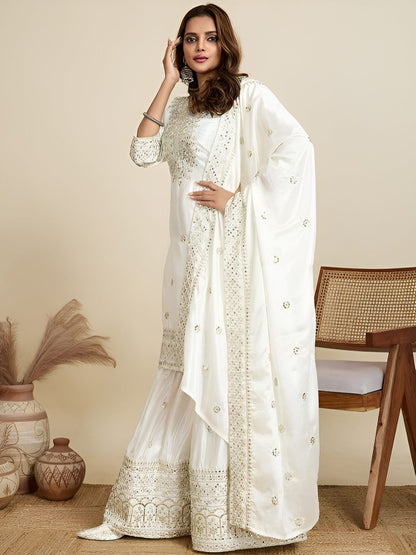 Women Ethnic Motifs Embroidered Silk A-Line Kurta with Sharara & Dupatta