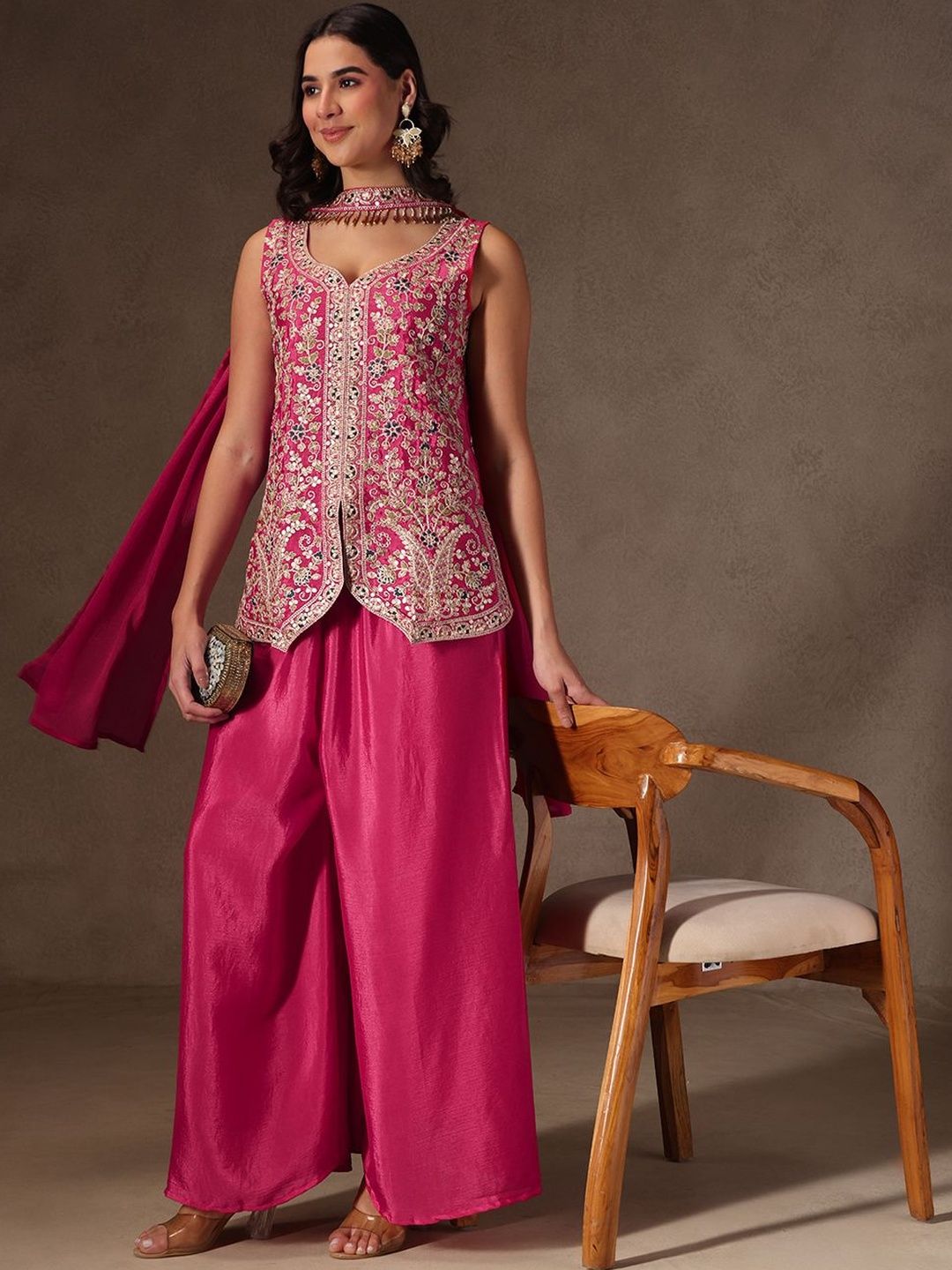 Women Ethnic Motifs Embroidered Regular Thread Work Silk Chiffon Kurta with Palazzos & With Dupatta