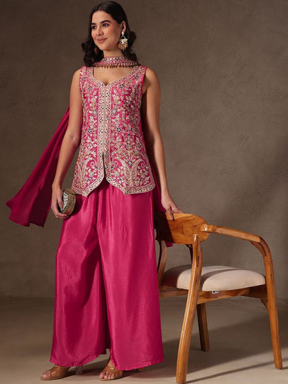 Women Ethnic Motifs Embroidered Regular Thread Work Silk Chiffon Kurta with Palazzos & With Dupatta