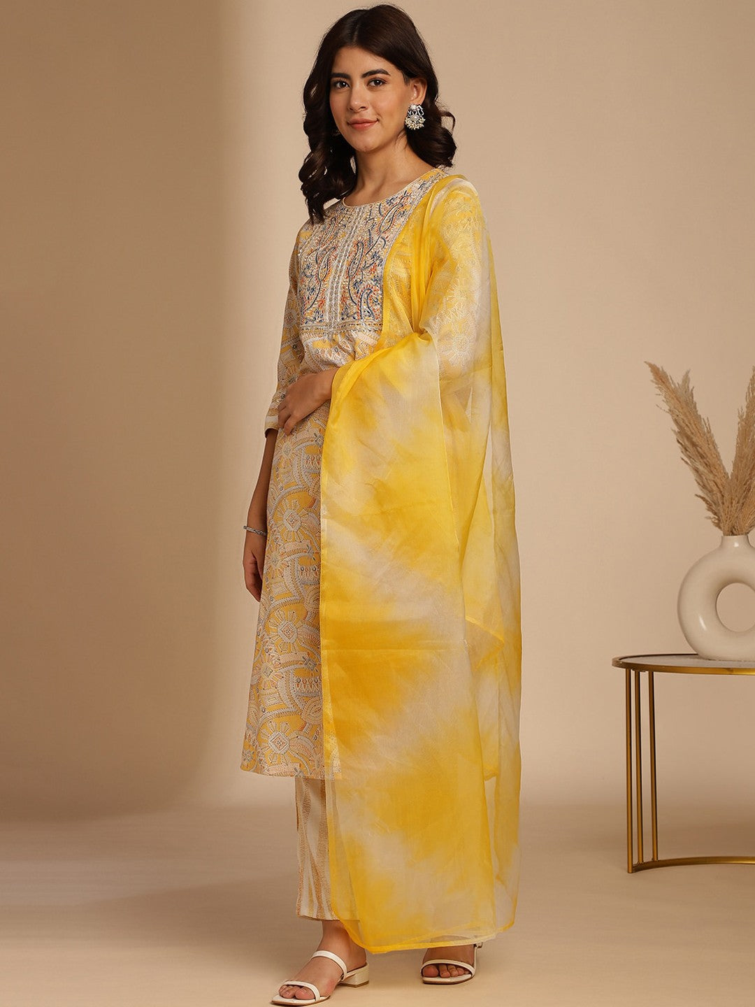 Mustard Yellow Ethnic Motifs Printed Thread Work Kurta with Trousers & Dupatta