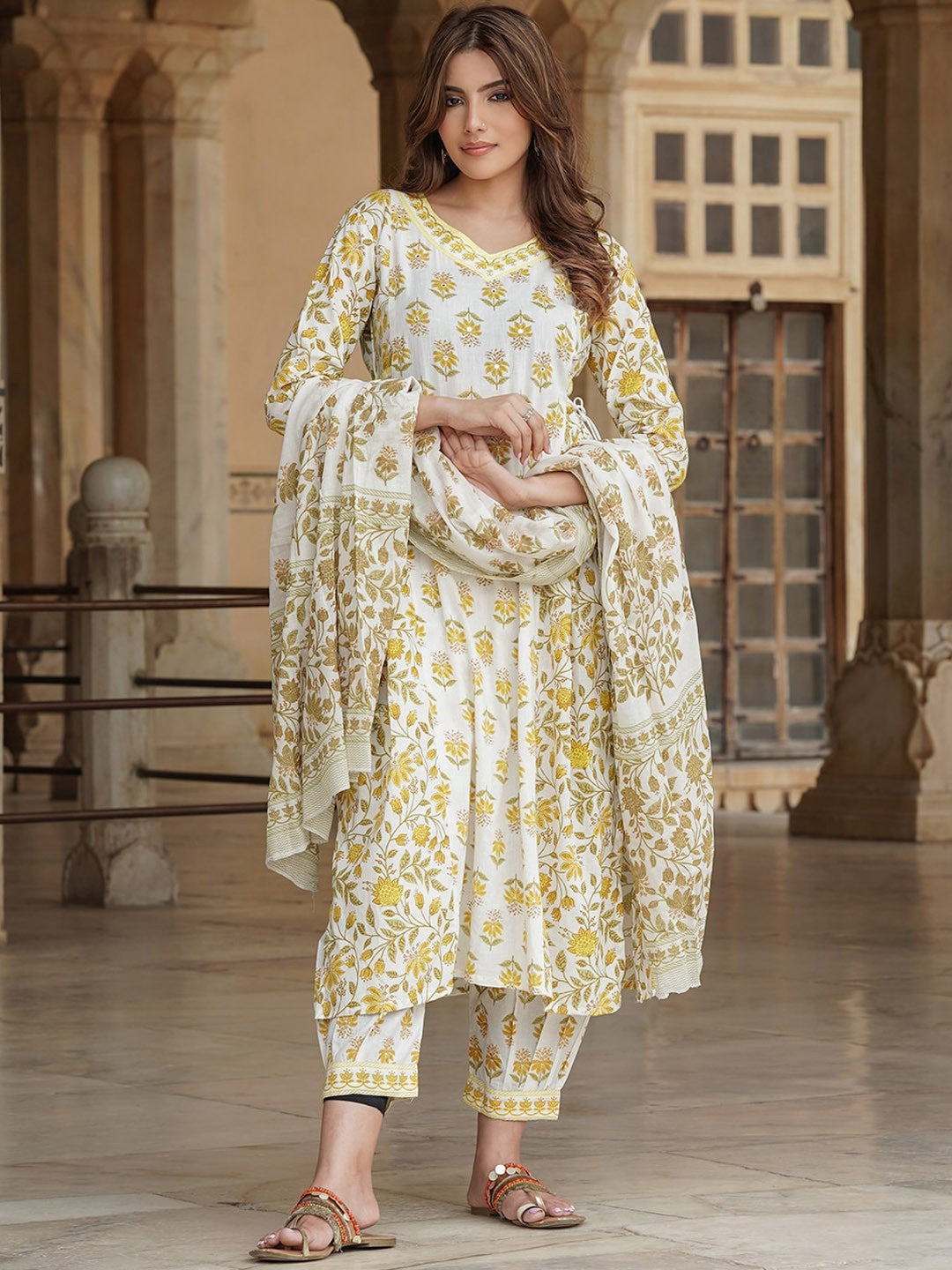 Floral Printed Mirror Work A-Line Pure Cotton Kurta with Trousers & Dupatta