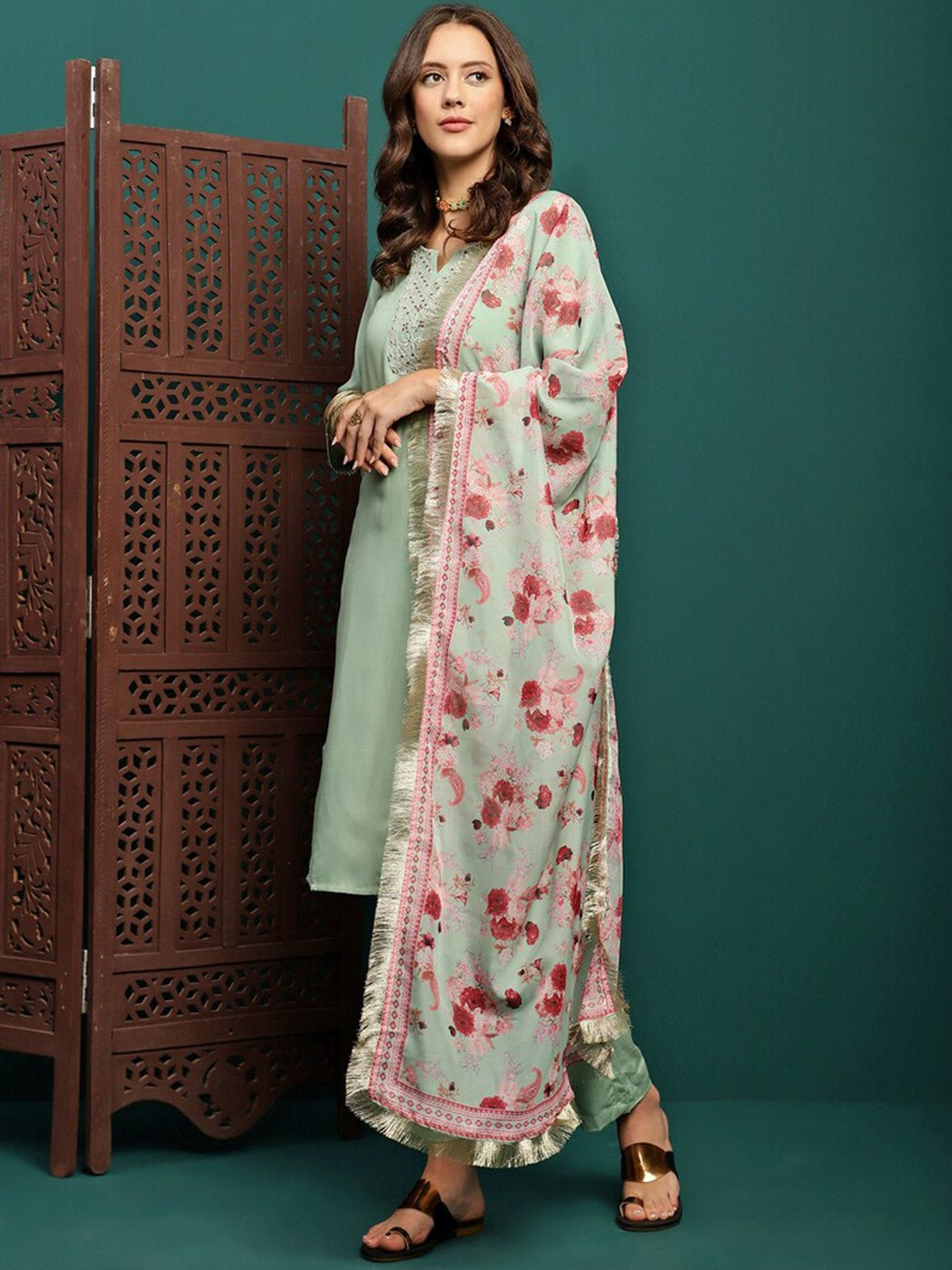 Embroidered Straight Kurta With Trouser & Dupatta Set