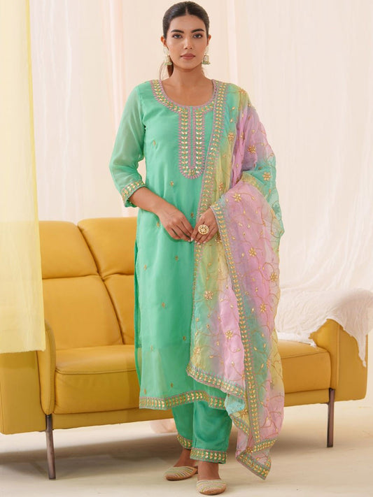 Embroidered Straight Kurta With Trousers & Dupatta