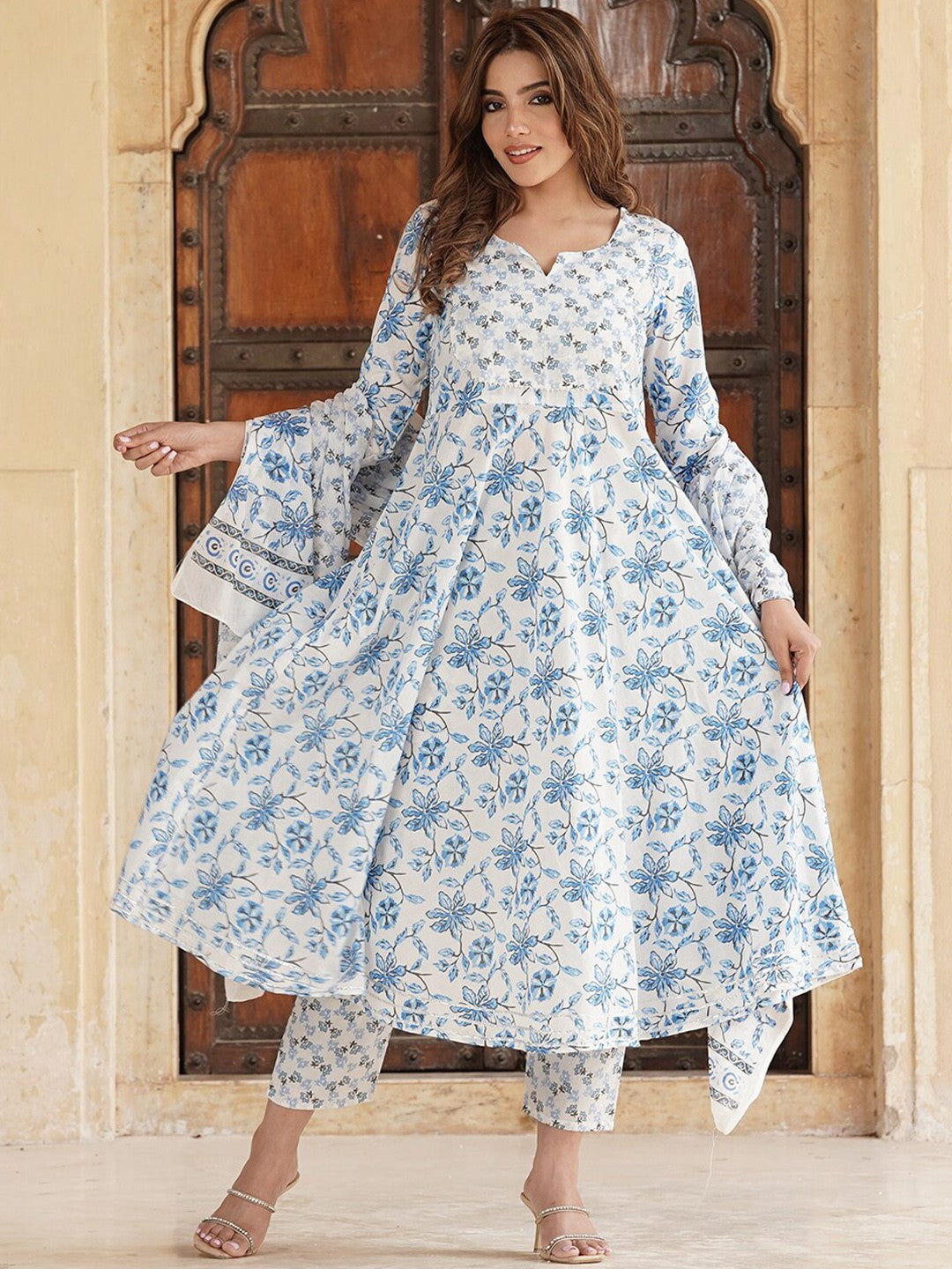 Floral Printed Gotta Patti Pure Cotton Anarkali Kurta with Trousers & Dupatta