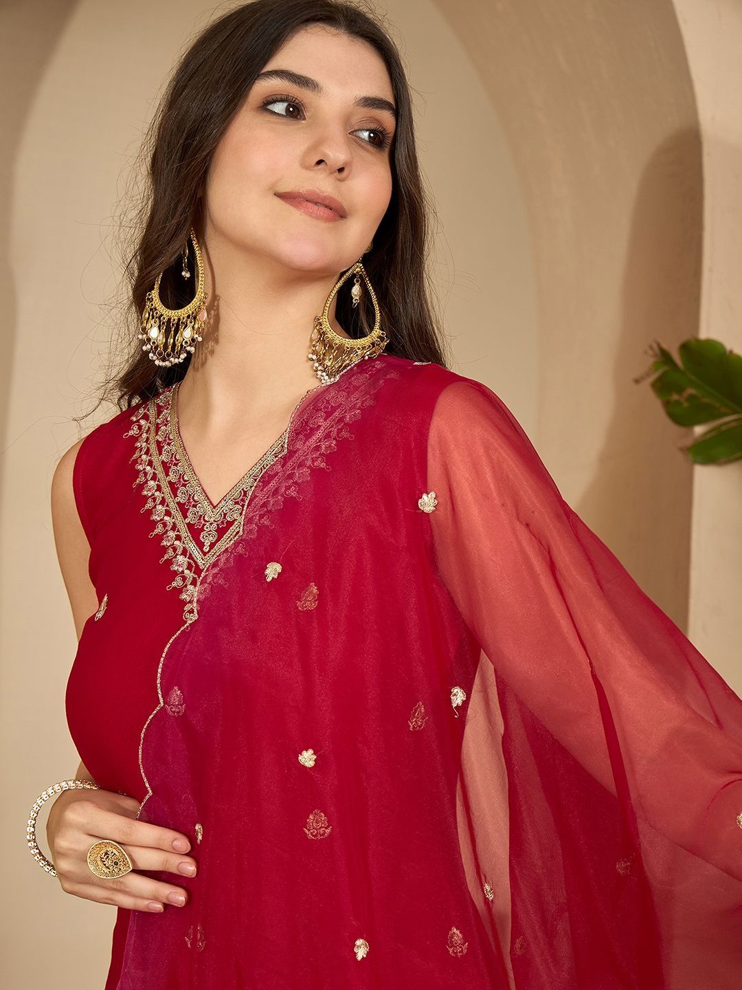 Floral Embroidered Thread Work Straight Kurta With Sharara & Dupatta