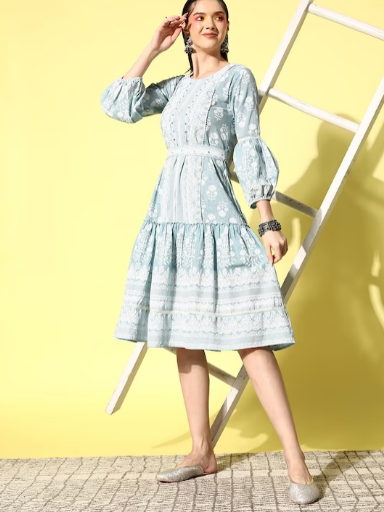 Floral Embroidered Puff Sleeve A-Line Midi Dress