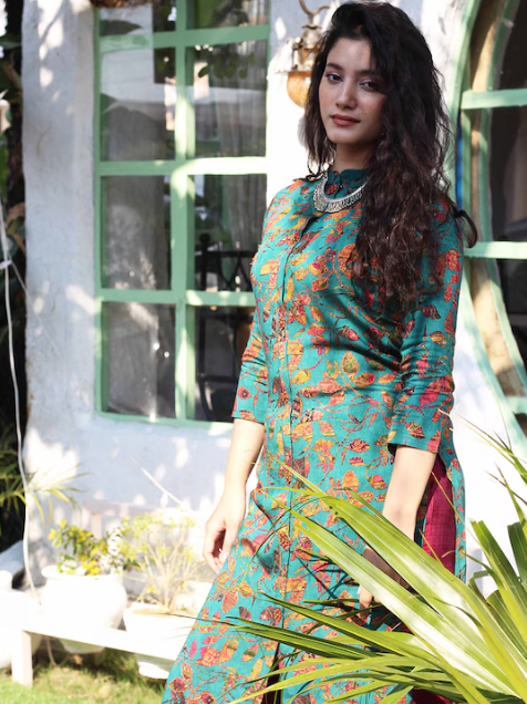 Floral Print Kantha Work Kurta with Palazzos