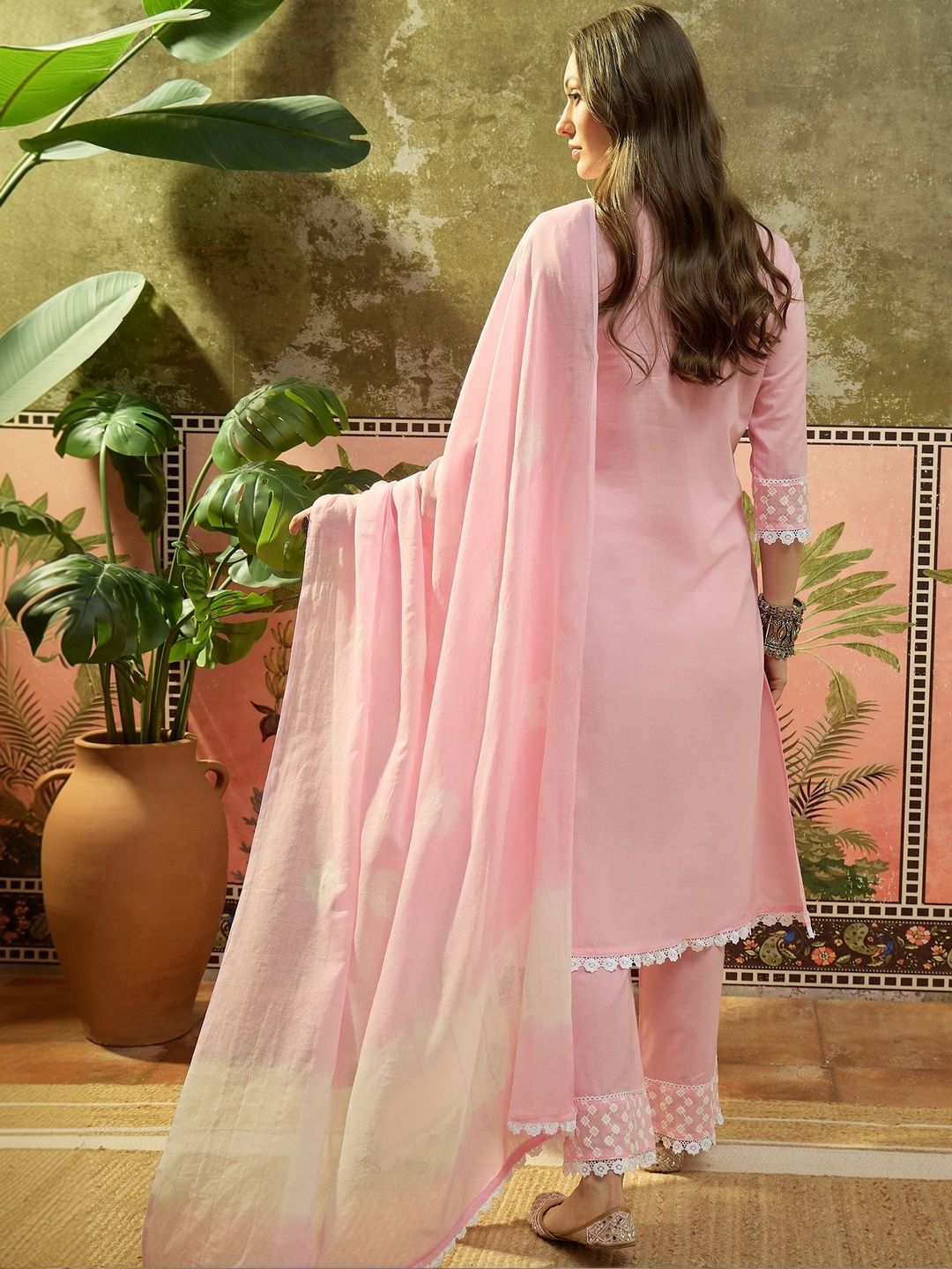 Embroidered Pure Cotton Round Neck Kurta & Palazzos With Dupatta Kurta Set