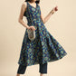 Women Navy Blue Floral Printed Styled Back Pure Cotton Kurta with Trousers