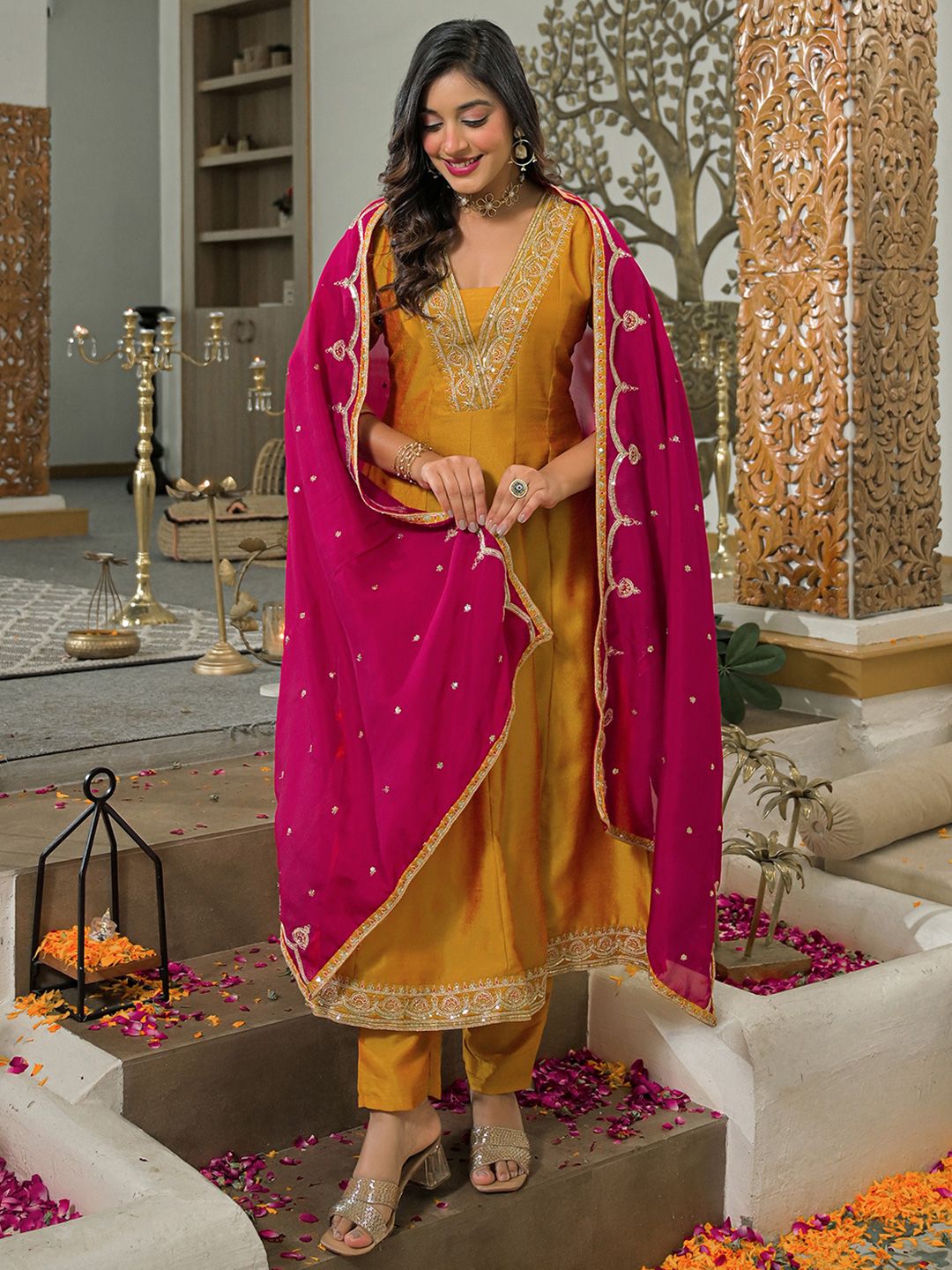 Women Ethnic Motifs Embroidered Panelled Kurta with Salwar & With Dupatta