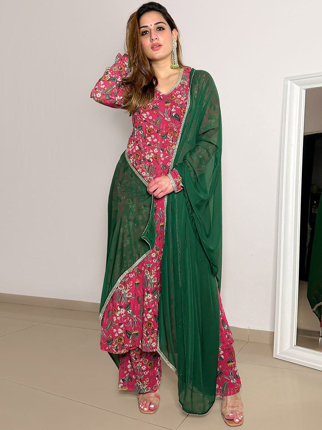 Floral Printed Kurta with Palazzo and Dupatta