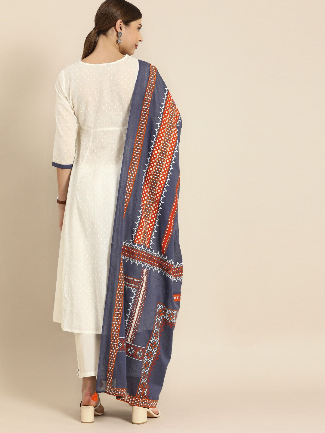 Women White Woven Design Kurta with Trousers & Dupatta