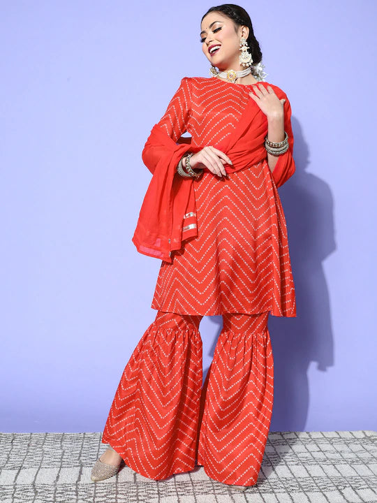 Women Bandhani Polyester Fusion Bottom Kurta Set