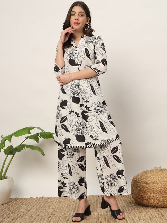 Floral Printed Mandarin Collar A-Line Kurta with Palazzos