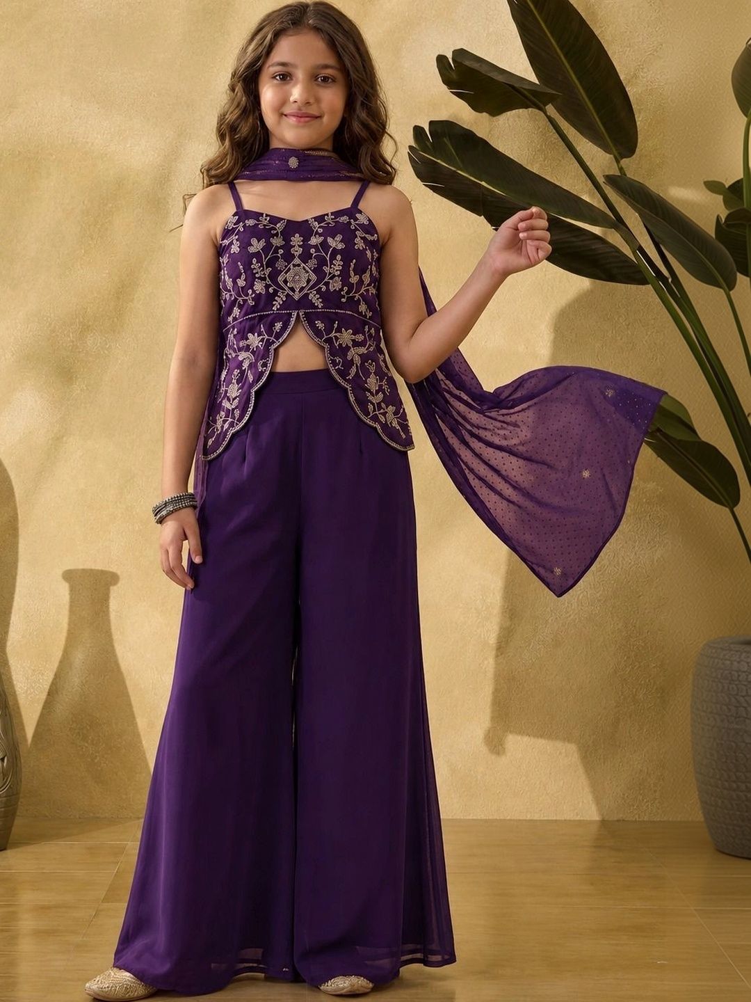 Girls Ethnic Motifs Embroidered Regular Thread Work Silk Georgette Top with Palazzos & With Dupatta