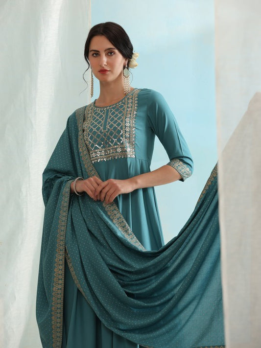 Embroidered Regular Sequinned Kurta with Palazzos & Dupatta