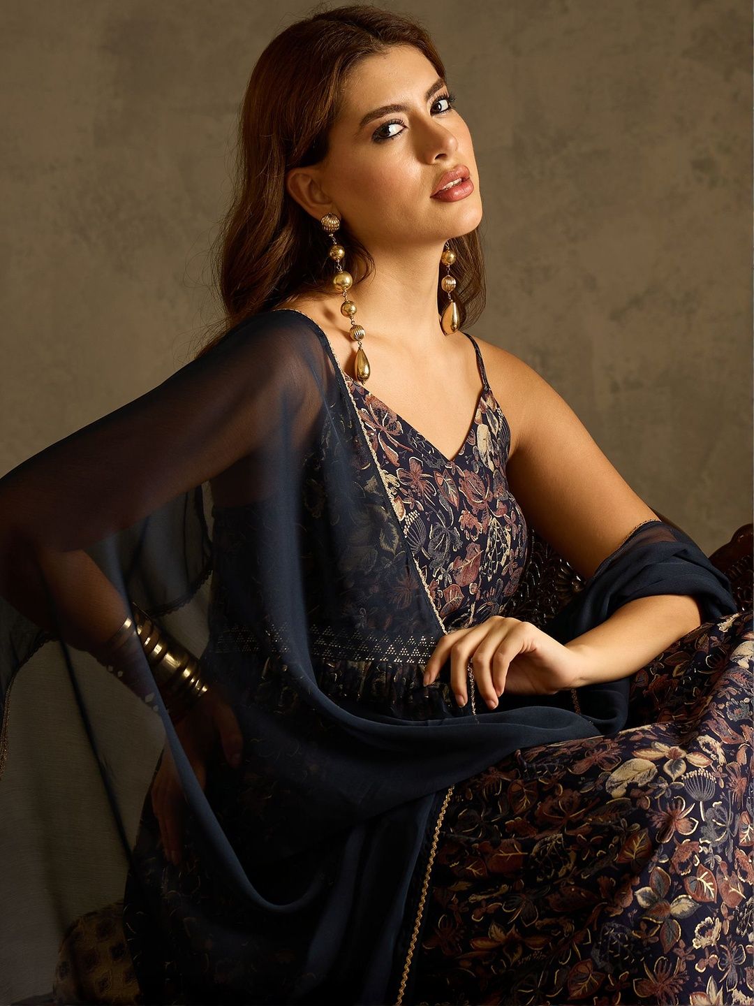 Floral Printed Shoulder Straps Empire A-Line Kurta With Trousers & Dupatta