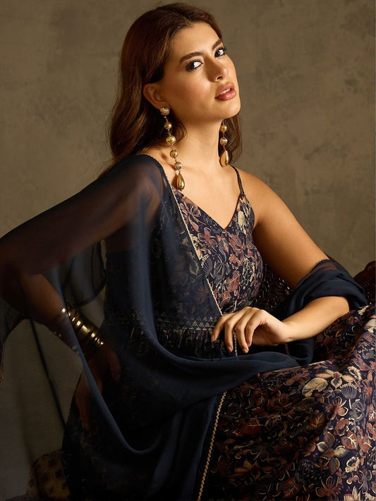 Floral Printed Shoulder Straps Empire A-Line Kurta With Trousers & Dupatta