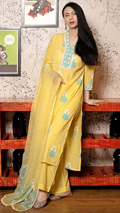 Women's Cotton Blend Straight Hand Block Printed Kurta with Pant & Dupatta