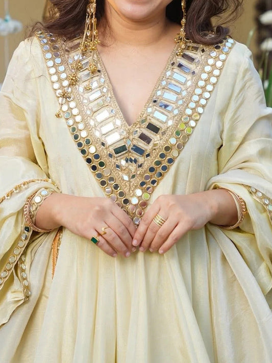 Women Regular Mirror Work Silk Crepe Kurta with Sharara & With Dupatta