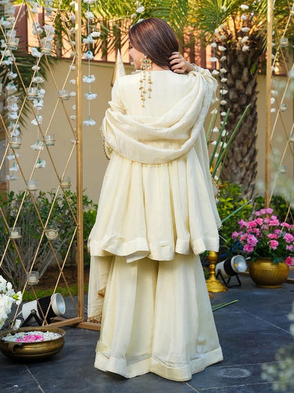 Women Regular Mirror Work Silk Crepe Kurta with Sharara & With Dupatta