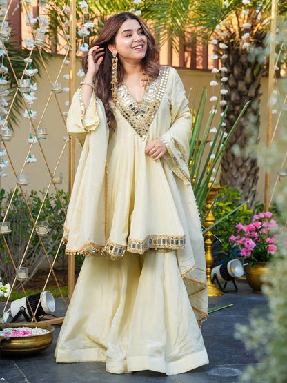 Women Regular Mirror Work Silk Crepe Kurta with Sharara & With Dupatta