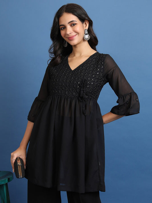 Floral Embroidered Sequinned A-Line Angrakha Kurti