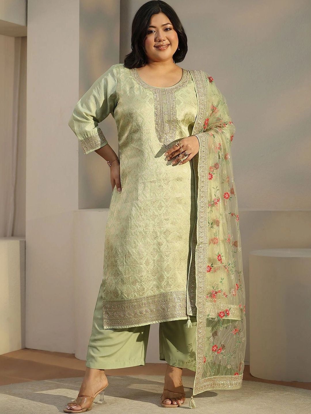 Women Ethnic Motifs Regular Thread Work Kurta with Palazzos & With Dupatta