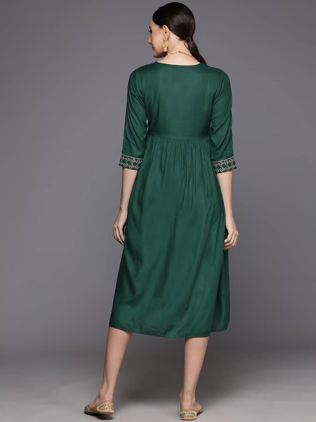 Green & Olive Green Embroidered A-Line Midi Dress