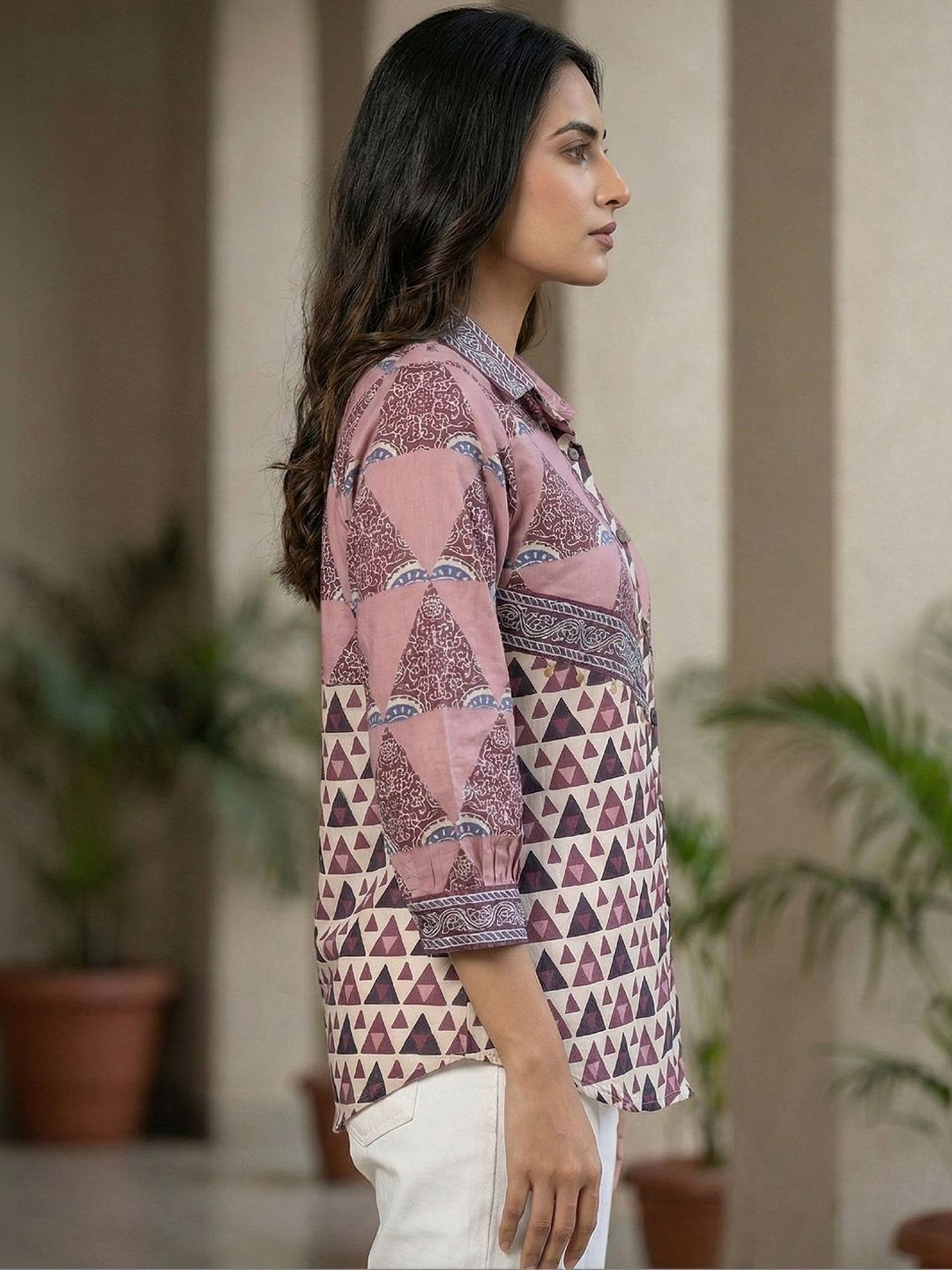Women Shirt Collar Printed Tunic