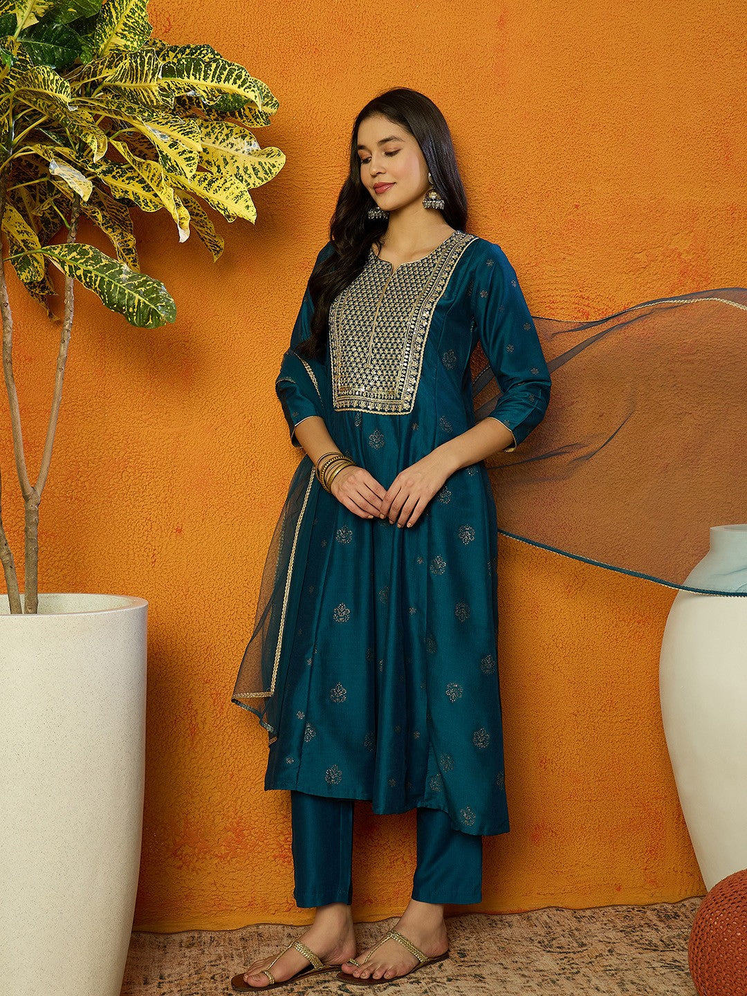 Floral Embroidered Empire Sequinned Kurta with Palazzos & Dupatta