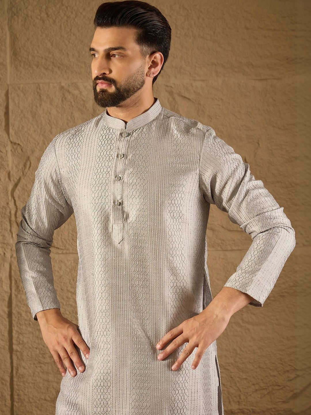 Men Woven Design Mandarin Collar Kurta (Top only)