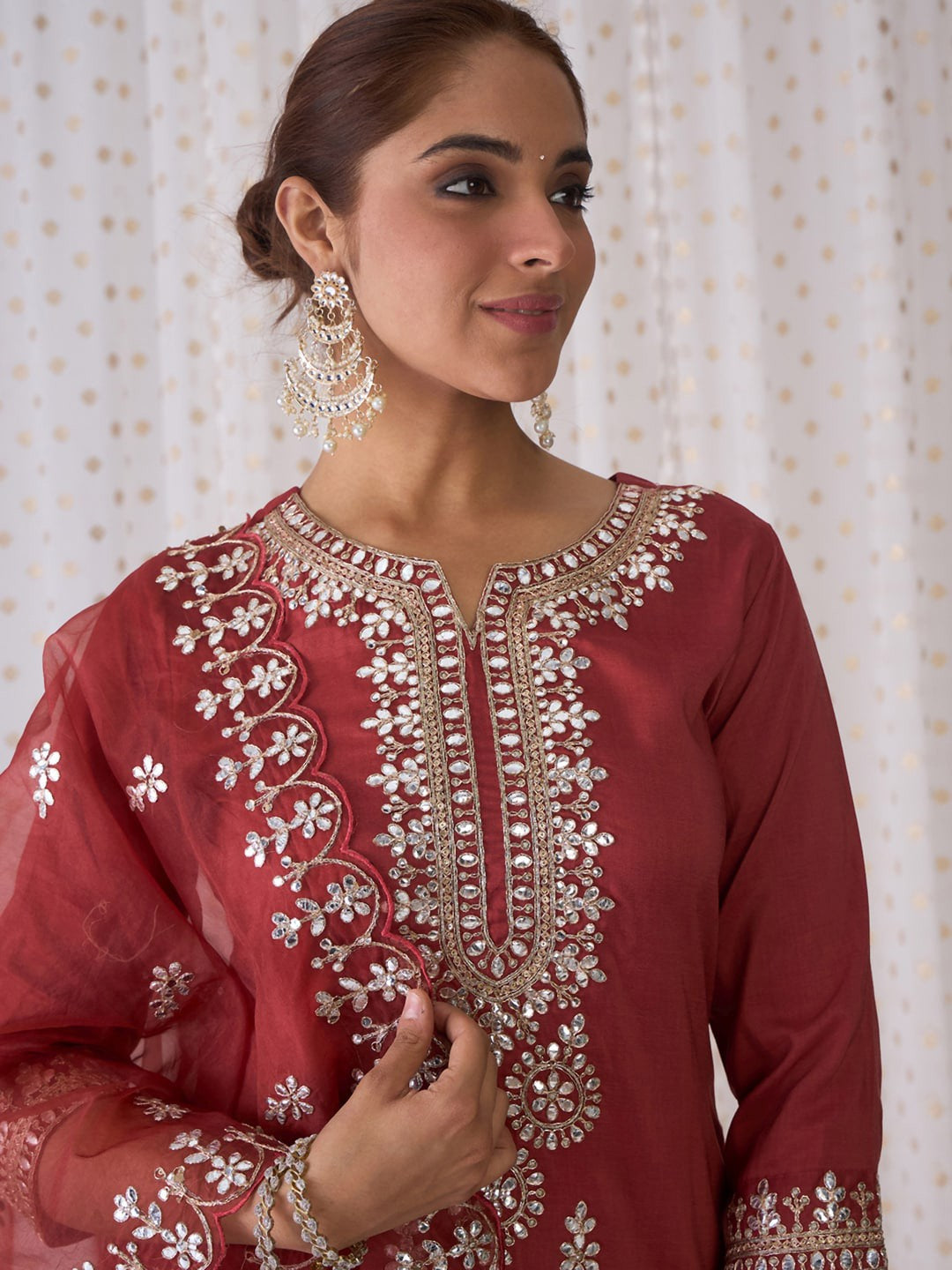 Ethnic Motifs Embroidered Notched Neck Straight Kurta with Trousers & Dupatta