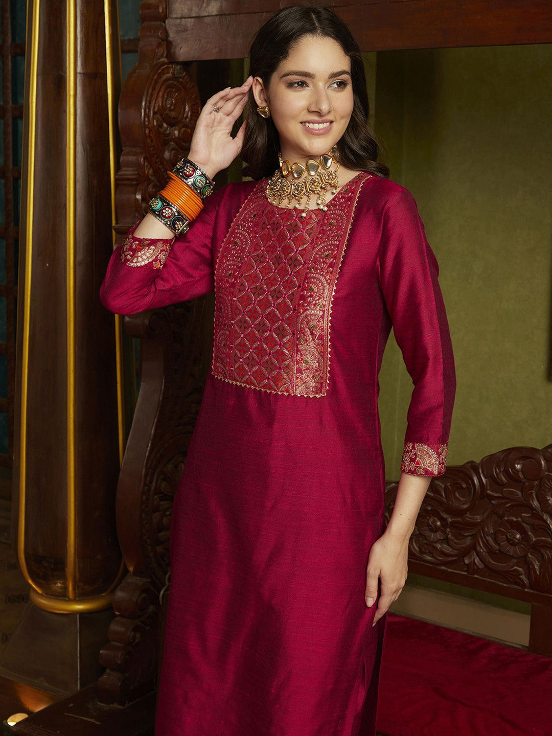 Embroidered Round-Neck Kurta With Trouser & Dupatta