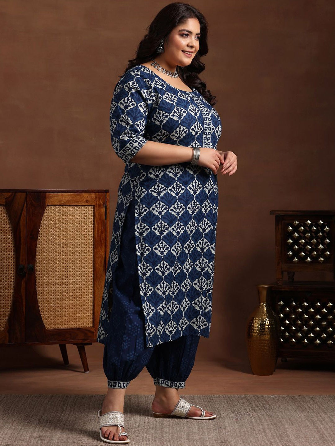 Plus Size Ethnic Motif Printed Pure Cotton Kurta with Salwar & Dupatta