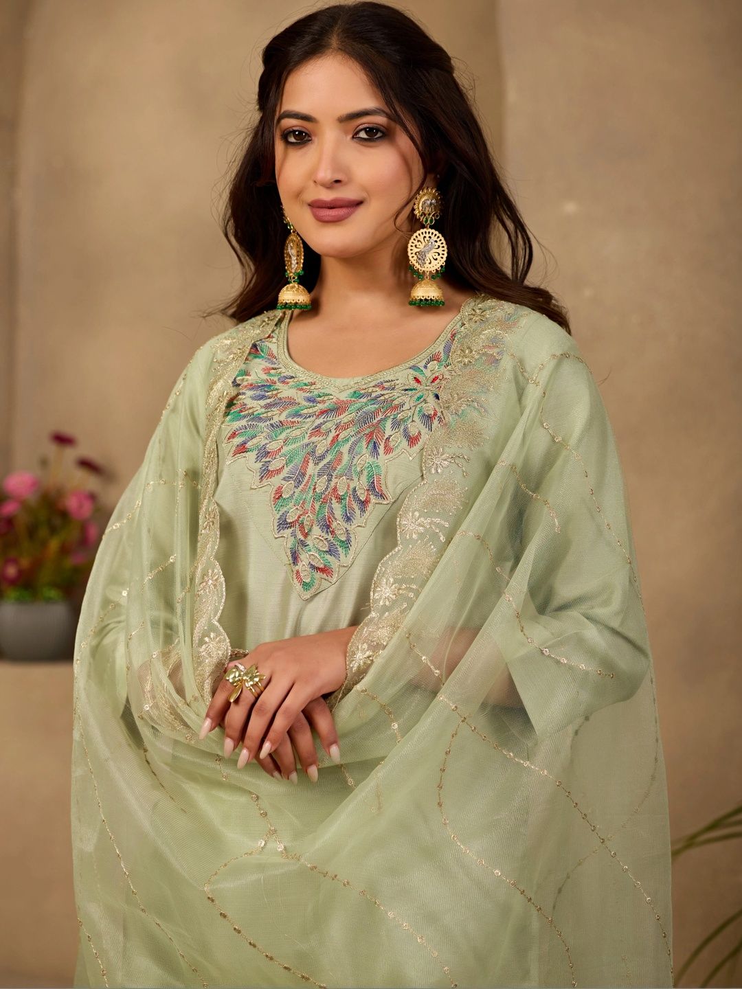 Women Ethnic Motifs Embroidered Regular Thread Work Kurta with Trousers & With Dupatta