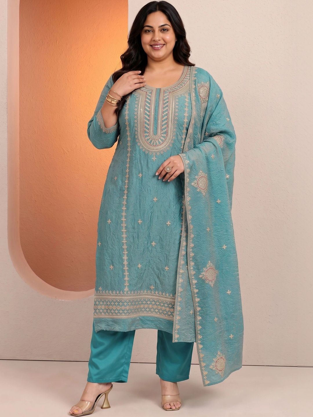 Women Ethnic Motifs Embroidered Regular Thread Work Kurta with Trousers & With Dupatta
