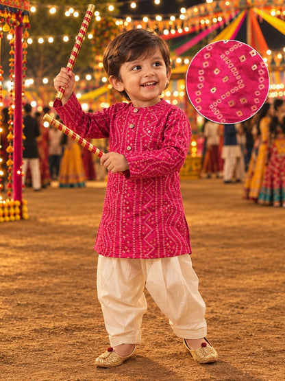 Boys Pink Bandhani Kurta & Patiyala Set